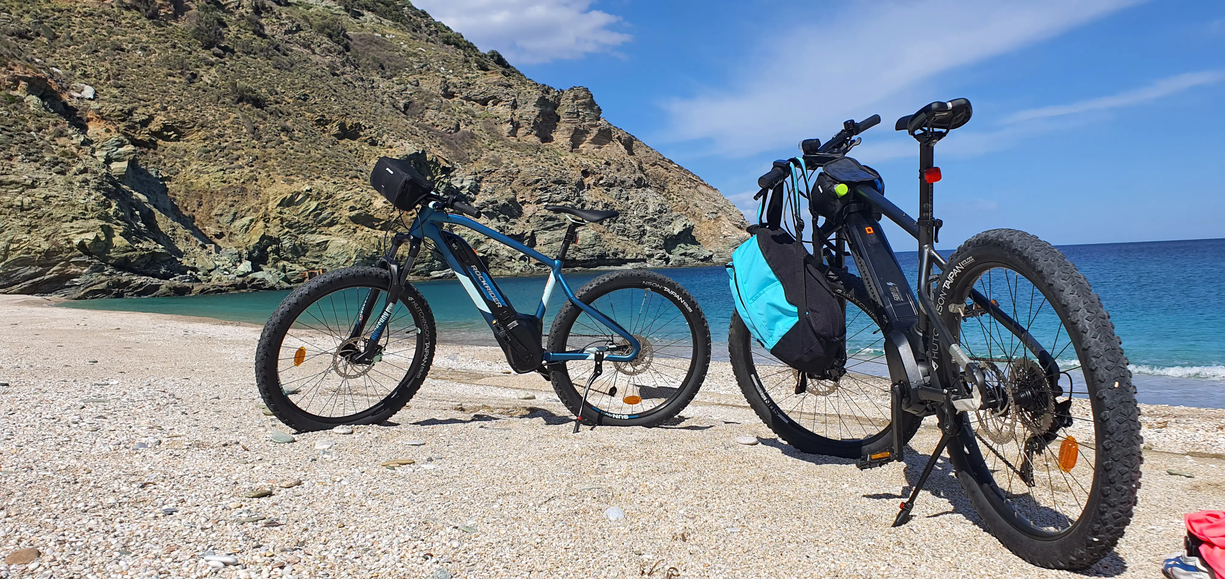 Electric bicycles ready for a ride along the coast